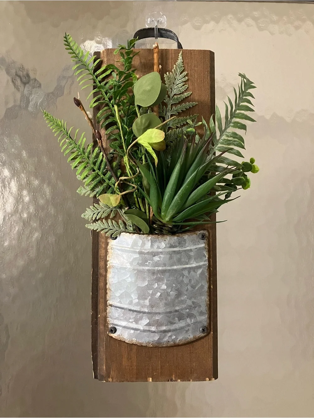 Rustic Farm House Cottage Core Wall Pocket Planter with Green Faux Foliage
